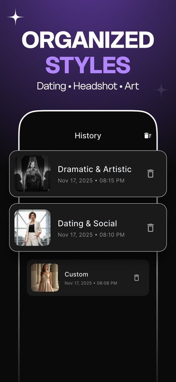 History screen with Dramatic & Artistic, Dating & Social and Custom face swaps
