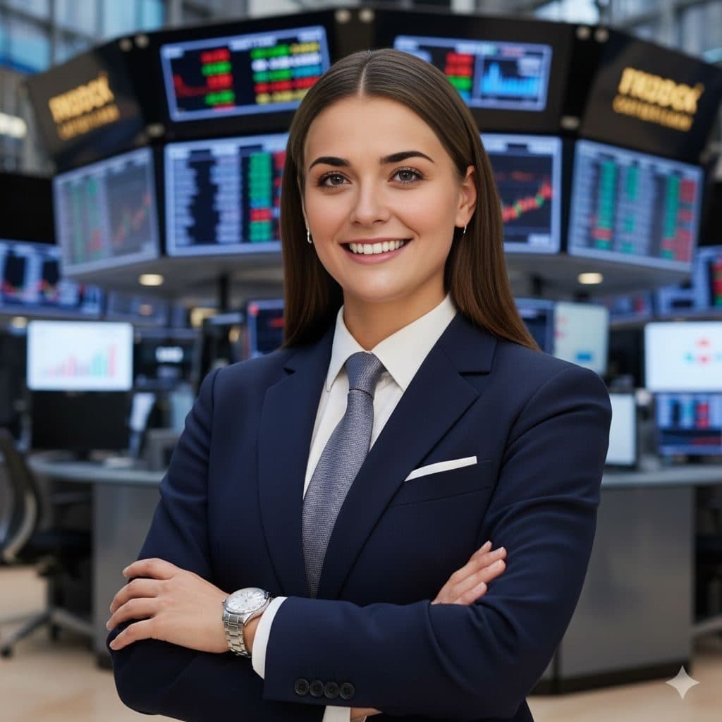 After: Investment Banker (Female) template with a different face swapped in