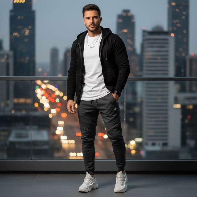 Man in a black jacket on a balcony above city lights