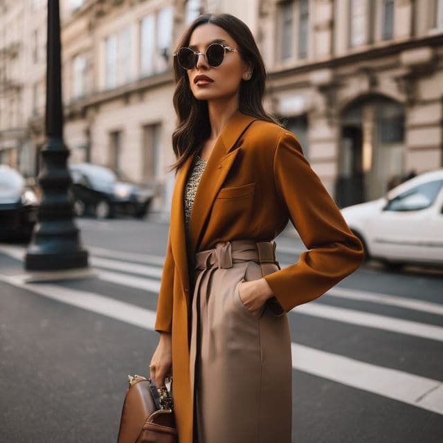 Woman in sunglasses and a camel coat on a city street
