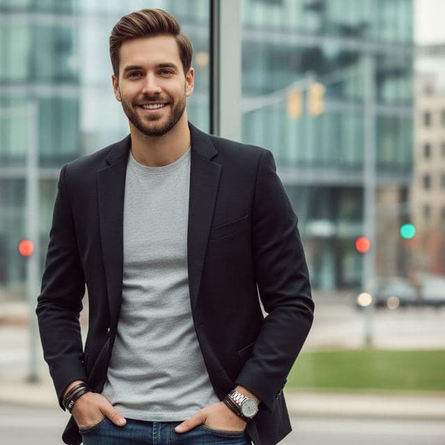 Smiling man in a black blazer and gray T-shirt on a city street