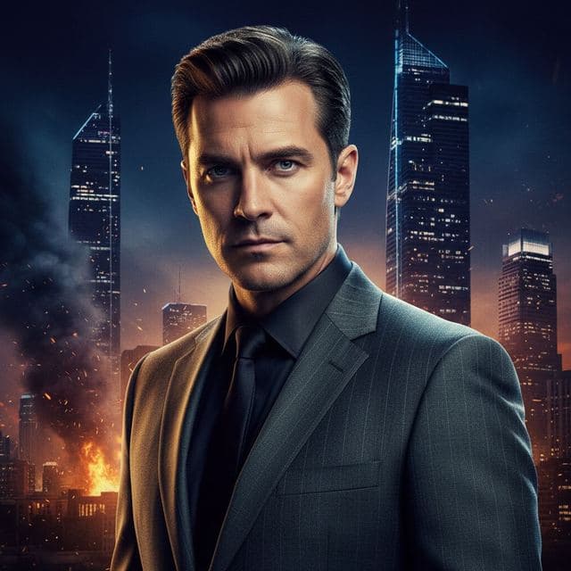 Man in a suit in front of a burning city skyline at night, movie-poster style