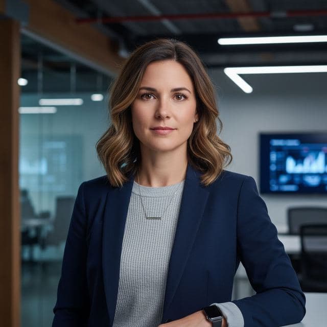 Woman in a navy blazer in an open-plan tech office