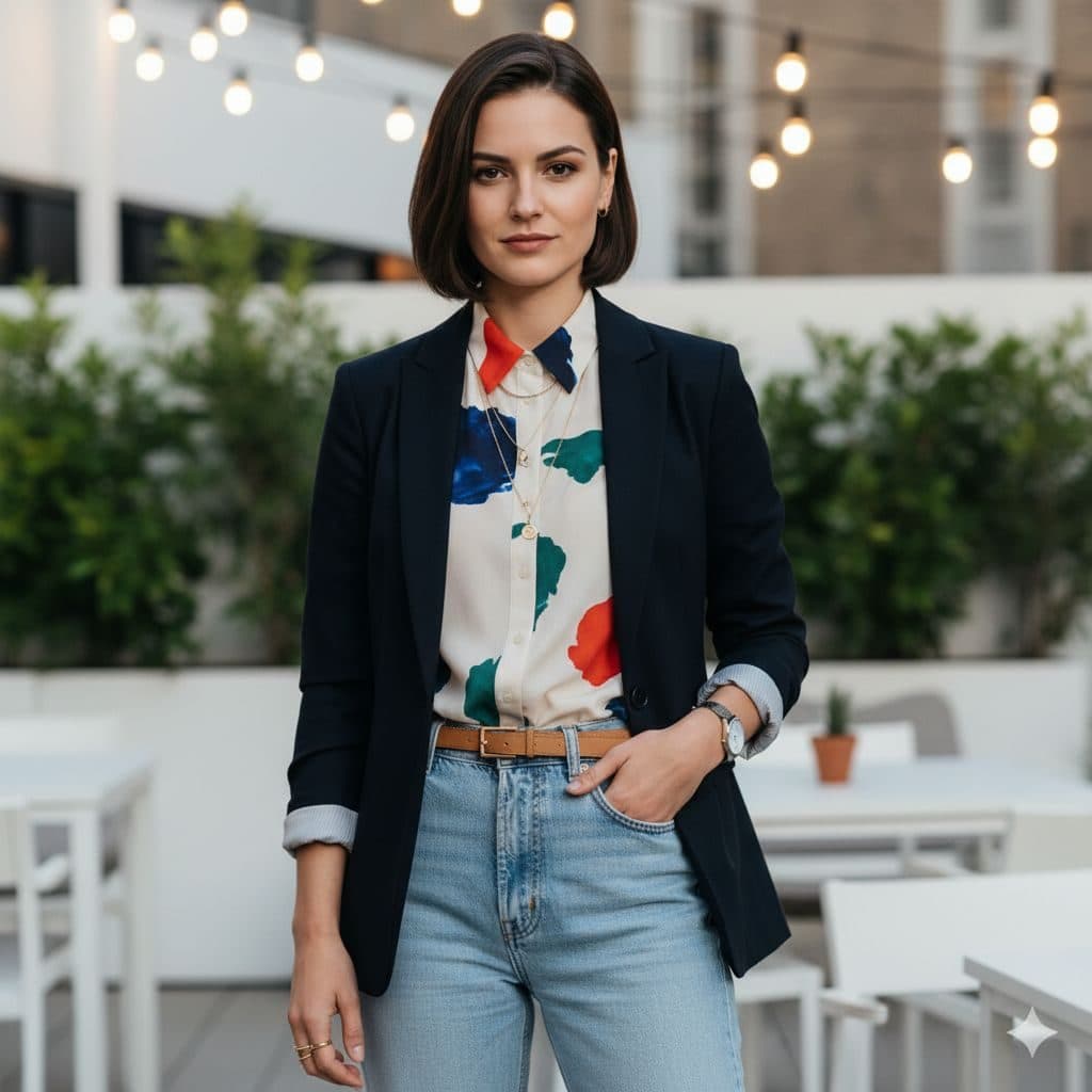 Woman in a navy blazer and printed shirt on a rooftop terrace
