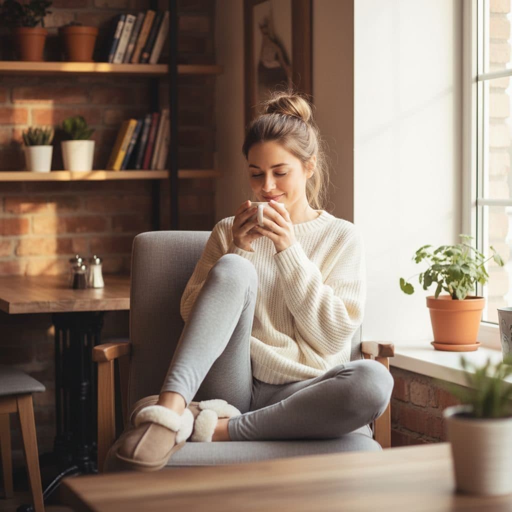 Woman in a sweater holding a mug by a sunny window