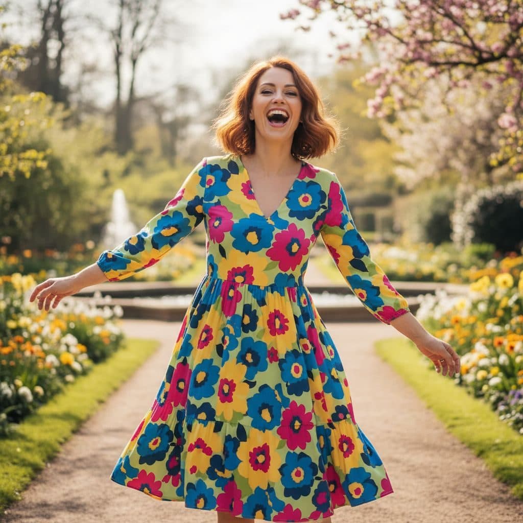 Laughing woman in a bright floral dress in a flower garden