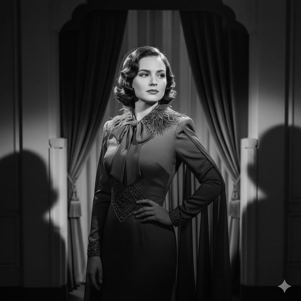 Black-and-white portrait of a woman in 1940s styling beside a curtained window