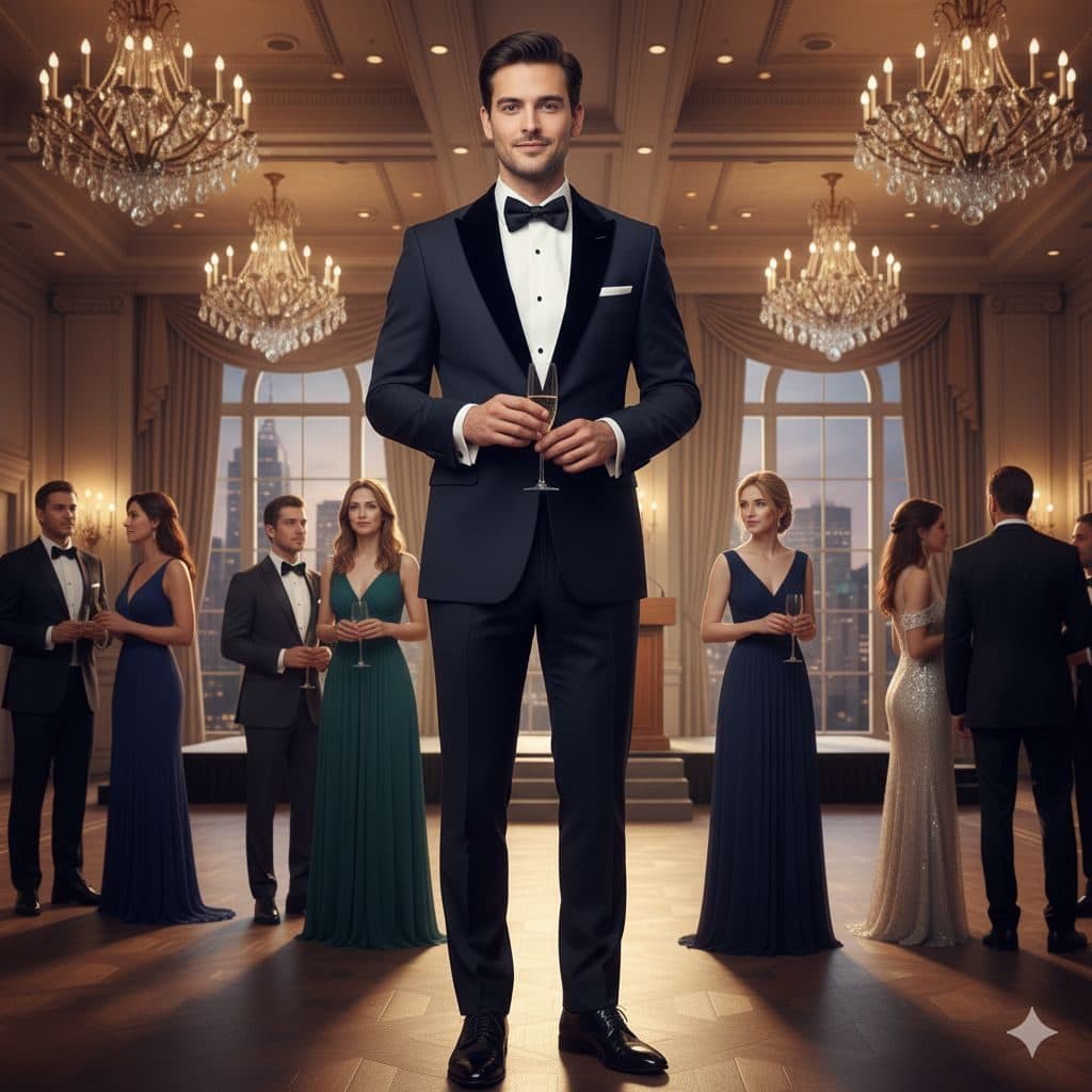 Man in a navy tuxedo at a chandelier-lit charity gala