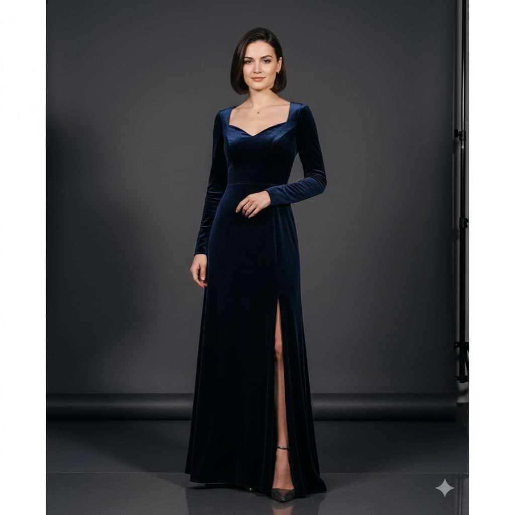 Woman in a long dark velvet gown against a gray studio backdrop