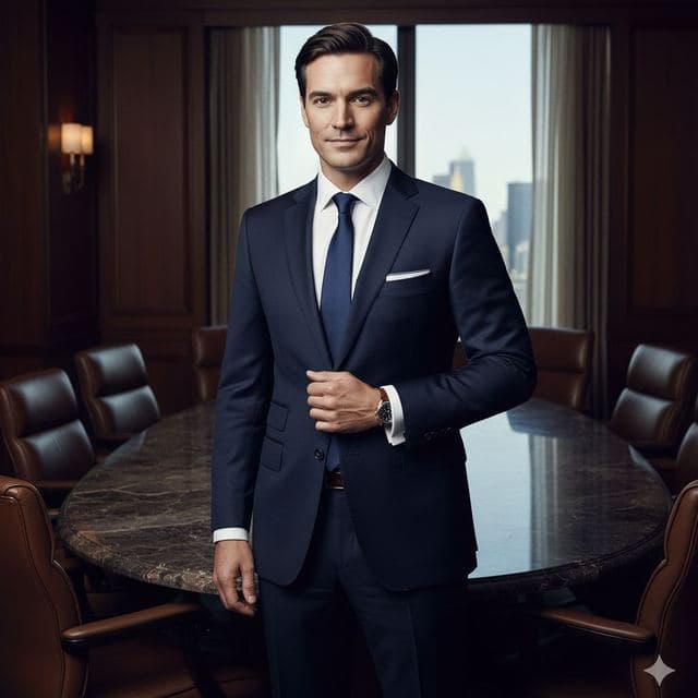 Man in a navy suit in a wood-paneled boardroom