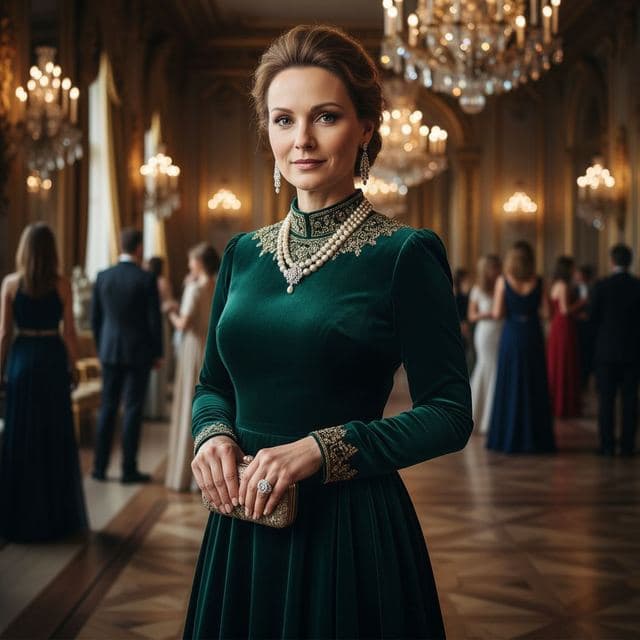 Woman in an emerald gown and statement necklace at an evening reception