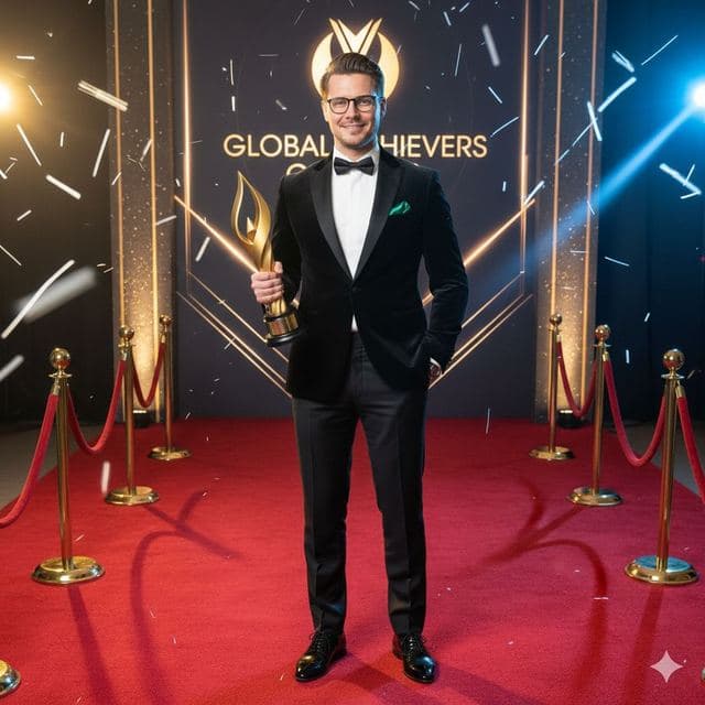 Man in a tuxedo holding a trophy on an awards-night red carpet