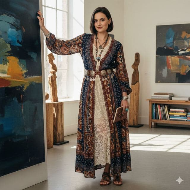 Woman in a patterned maxi dress beside abstract paintings in a bright studio