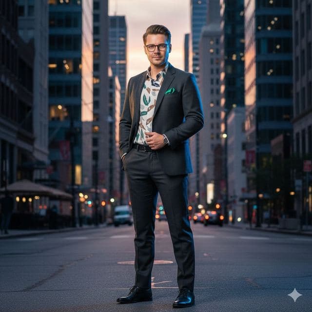 Man in a dark suit and glasses on a city street at dusk