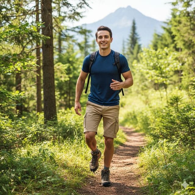Man in a T-shirt and shorts on a forest trail with mountains behind