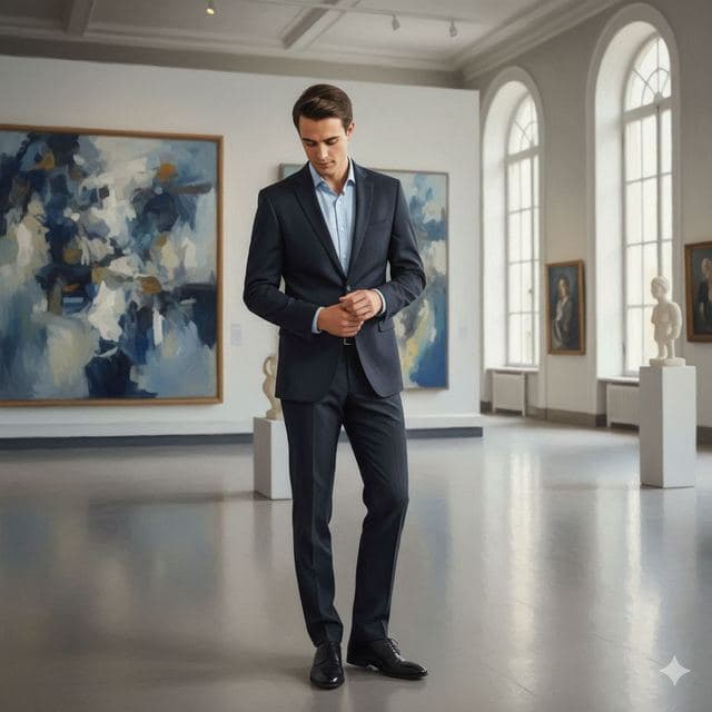 Man in a suit standing in a white gallery hung with abstract paintings