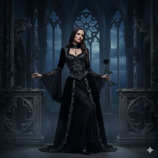 Woman in a black lace gown inside a gothic stone chapel