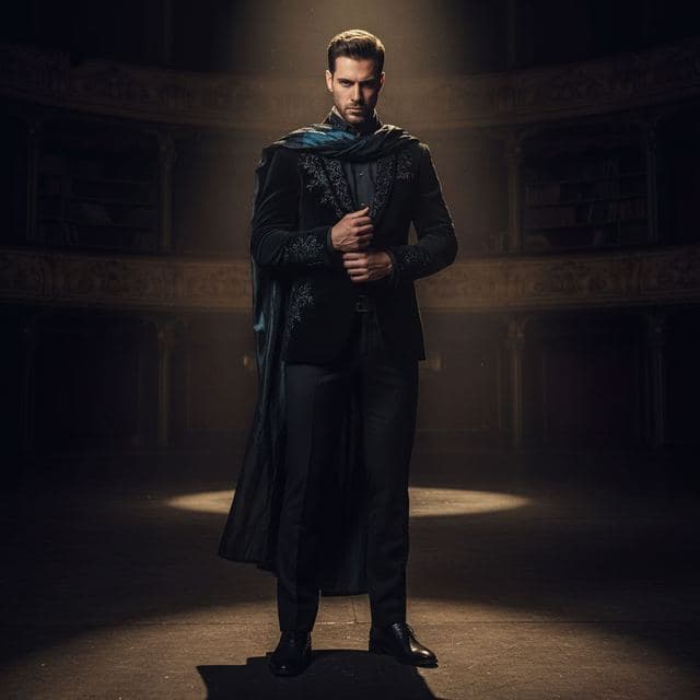 Man in a long coat under a single spotlight on a dark stage