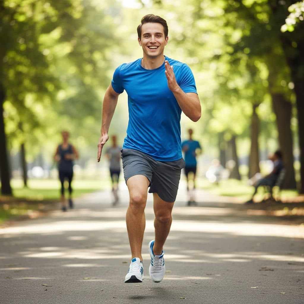 Man in running gear jogging through a tree-lined park