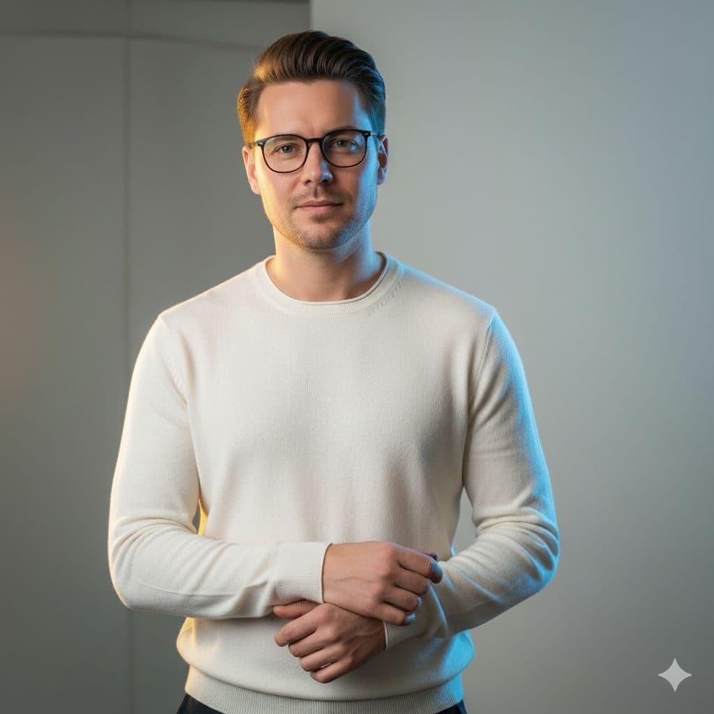 Man with glasses in a cream sweater against a plain backdrop