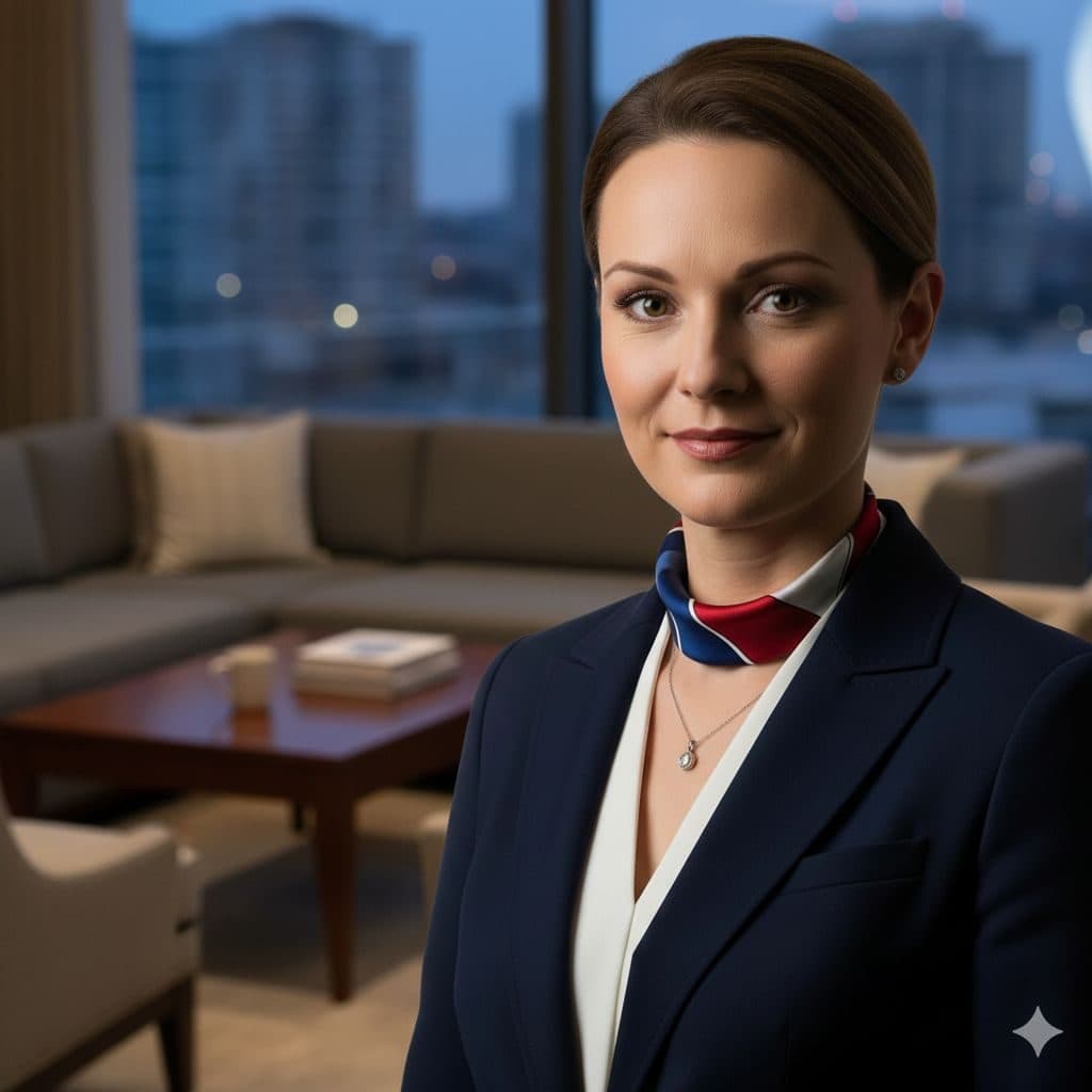 Woman in a blazer and silk scarf in a city apartment at dusk