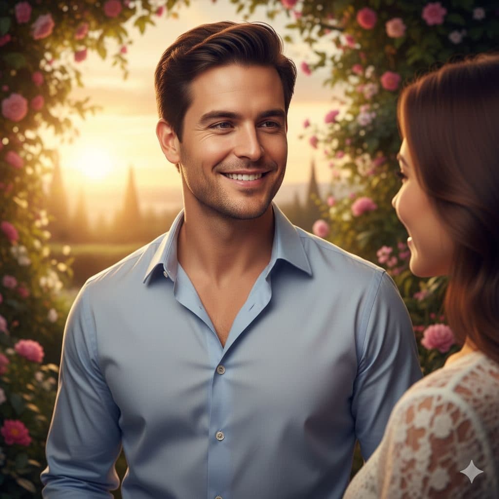 Smiling man in a light blue shirt at golden hour among roses