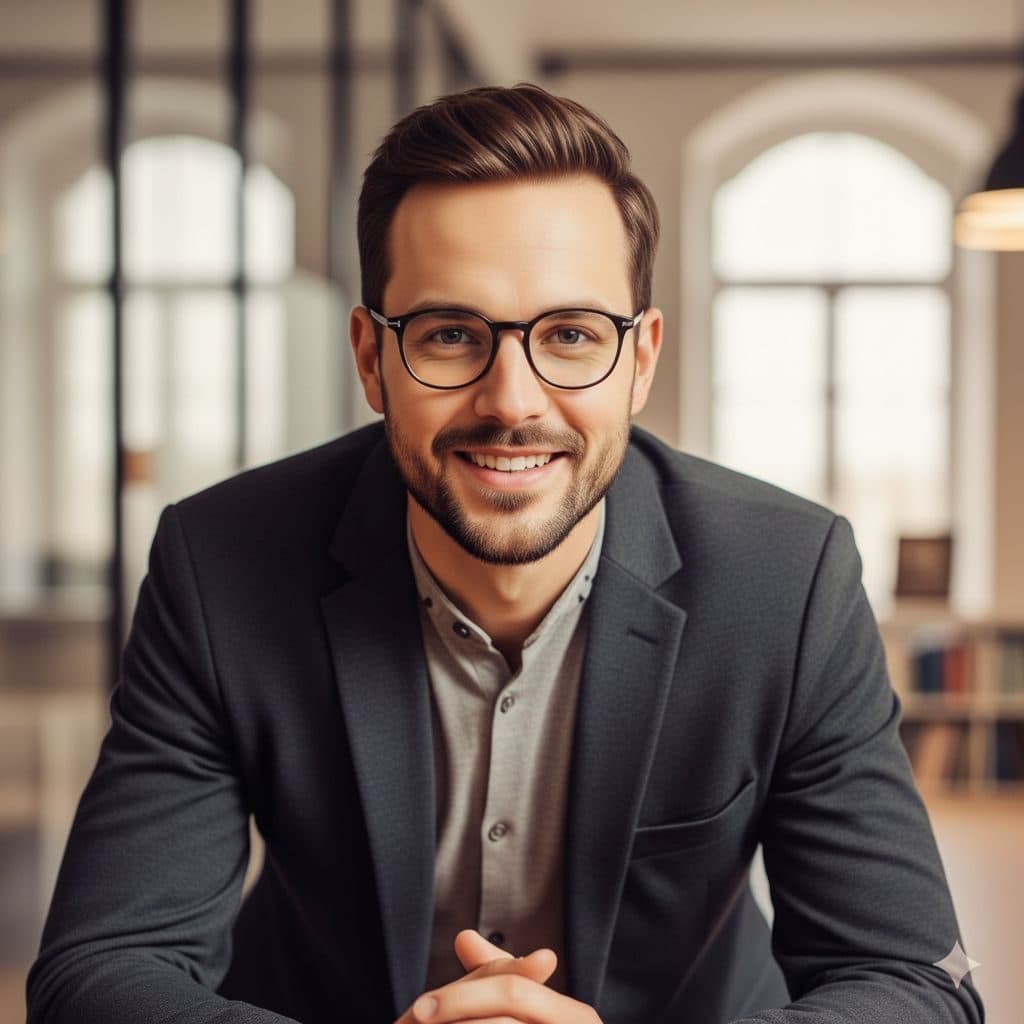 Smiling man with glasses in a room with tall arched windows