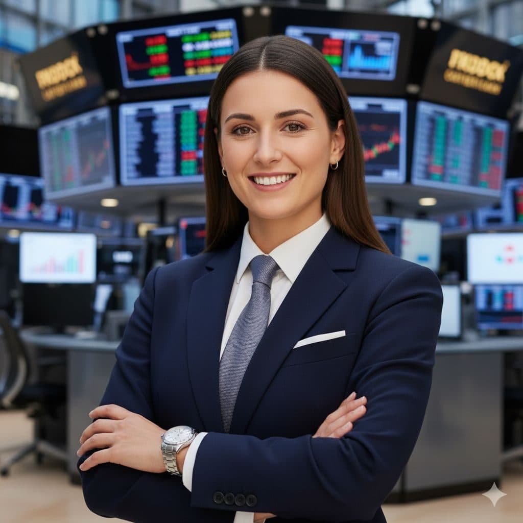 Woman in a navy suit on a trading floor with market screens