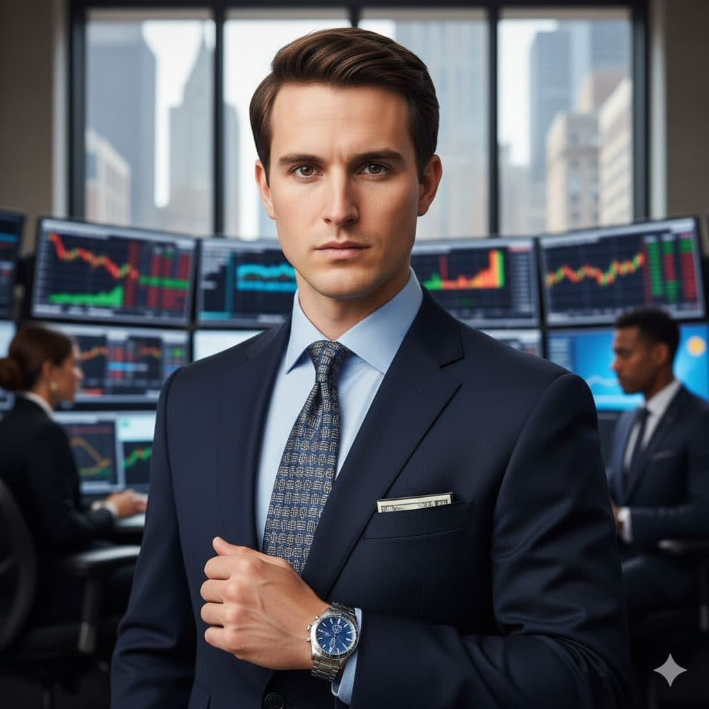 Man in a suit and tie on a trading floor with market screens