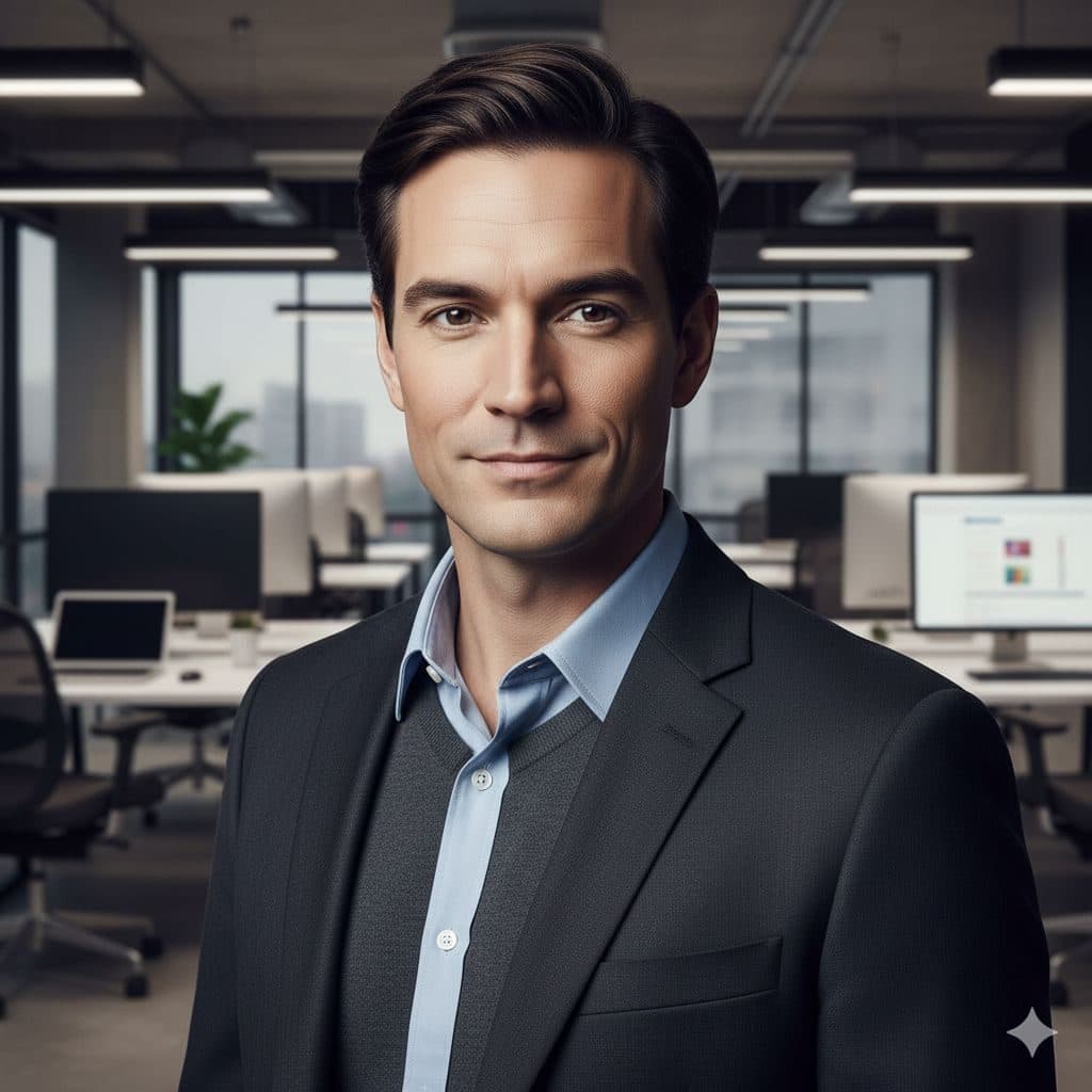 Man in a dark blazer in a modern office with monitors