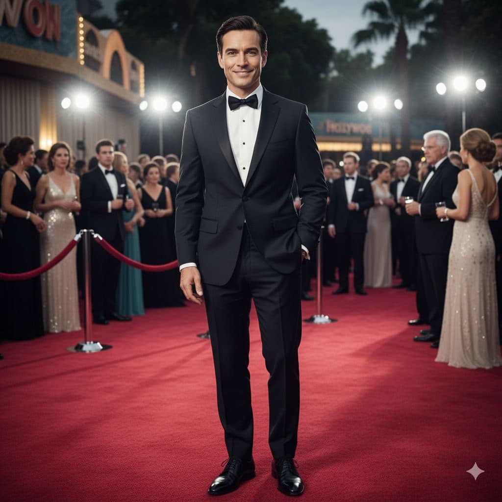 Man in a tuxedo on a red carpet lined with photographers
