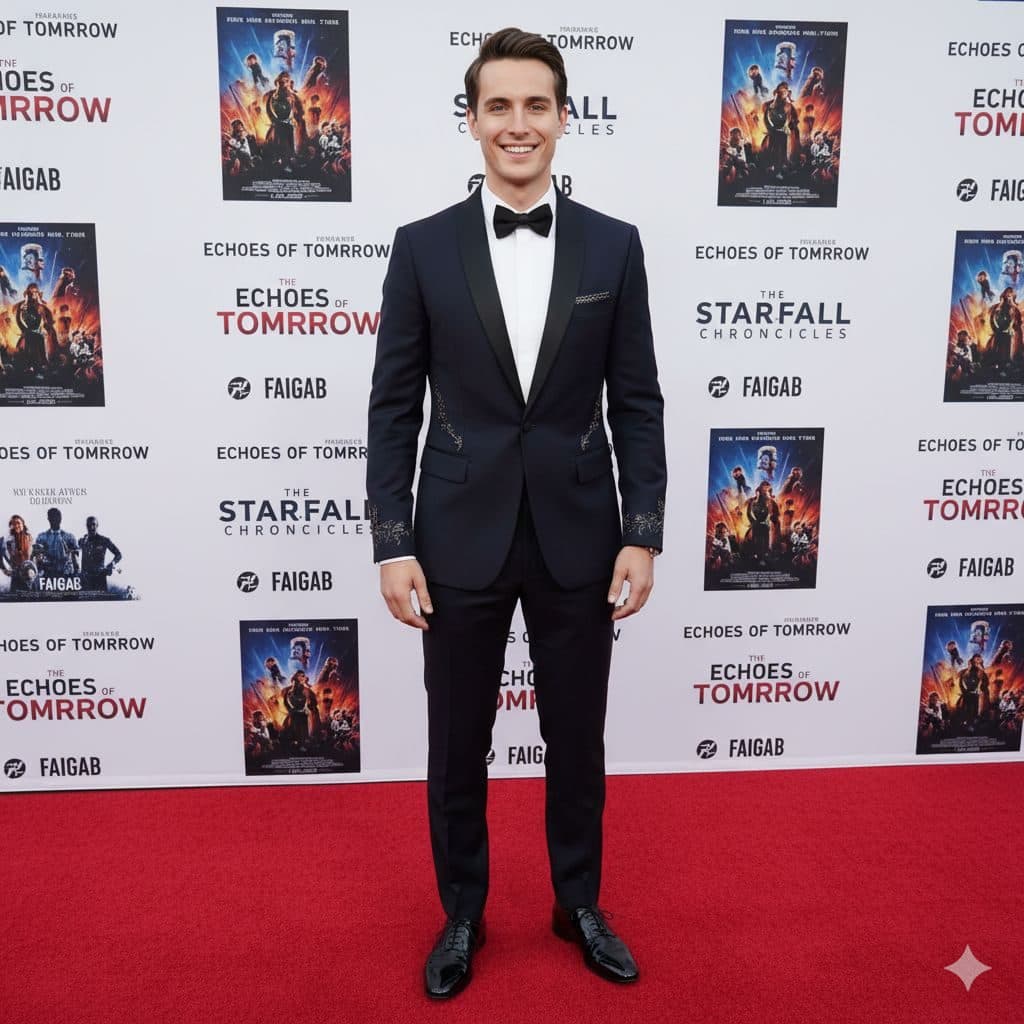 Man in a tuxedo in front of a movie premiere poster wall
