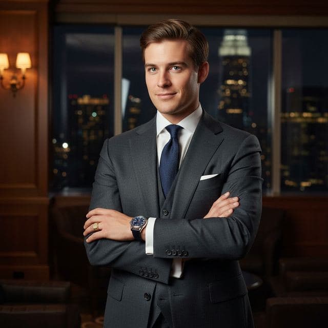 Man in a gray suit with folded arms in a wood-paneled office at night