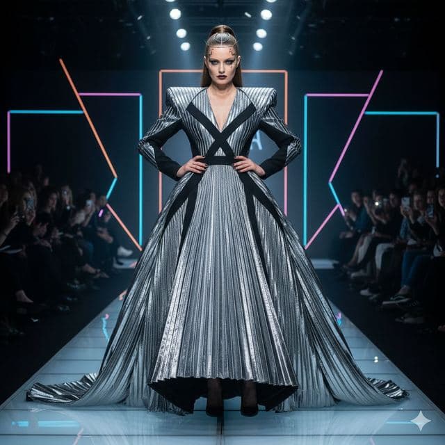 Model in a sculptural silver gown on a neon-lit runway
